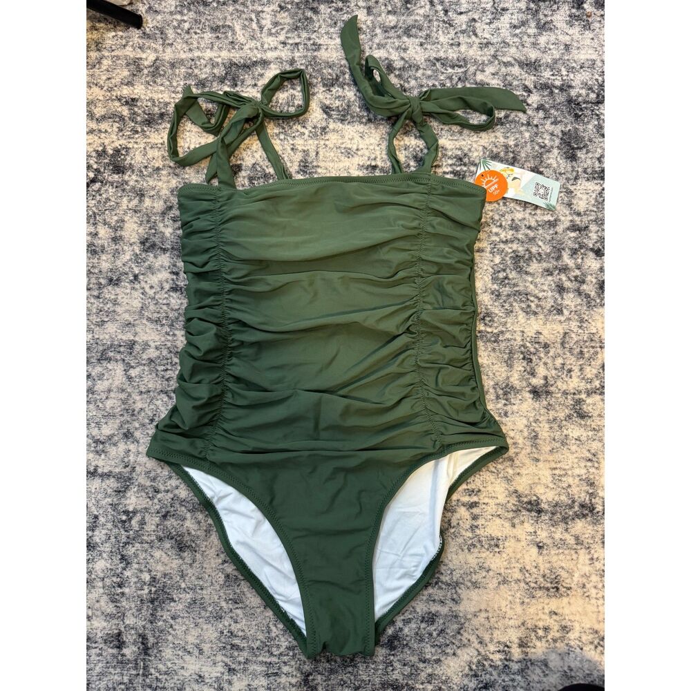 NWT Charmo Olive Green Ruched Tummy Control Tie Strap One Piece Swimsuit M